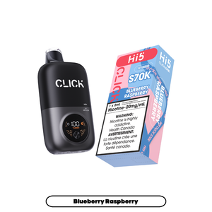 Black Click device and a blue and pink Hi5 vape carton on a white background