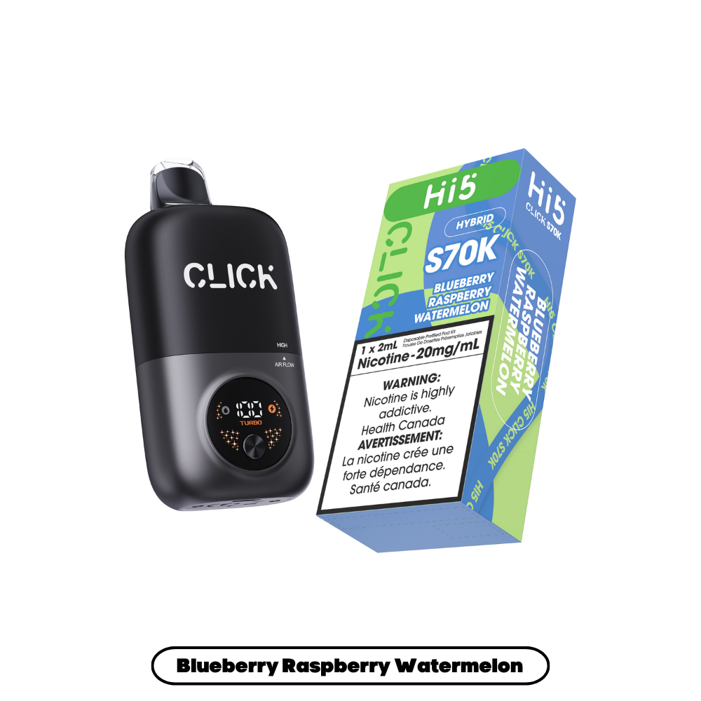 Black Click device and Hi5 vape carton on a white background