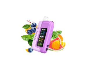 Purple electronic device with fruit graphics on a white background