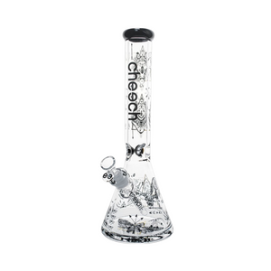 Glass bong with decorative designs on a white background