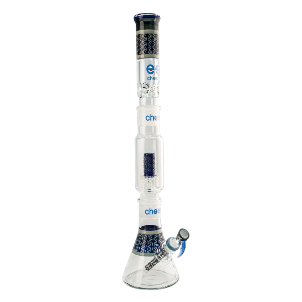 Clear glass water pipe with blue and black accents on a white background