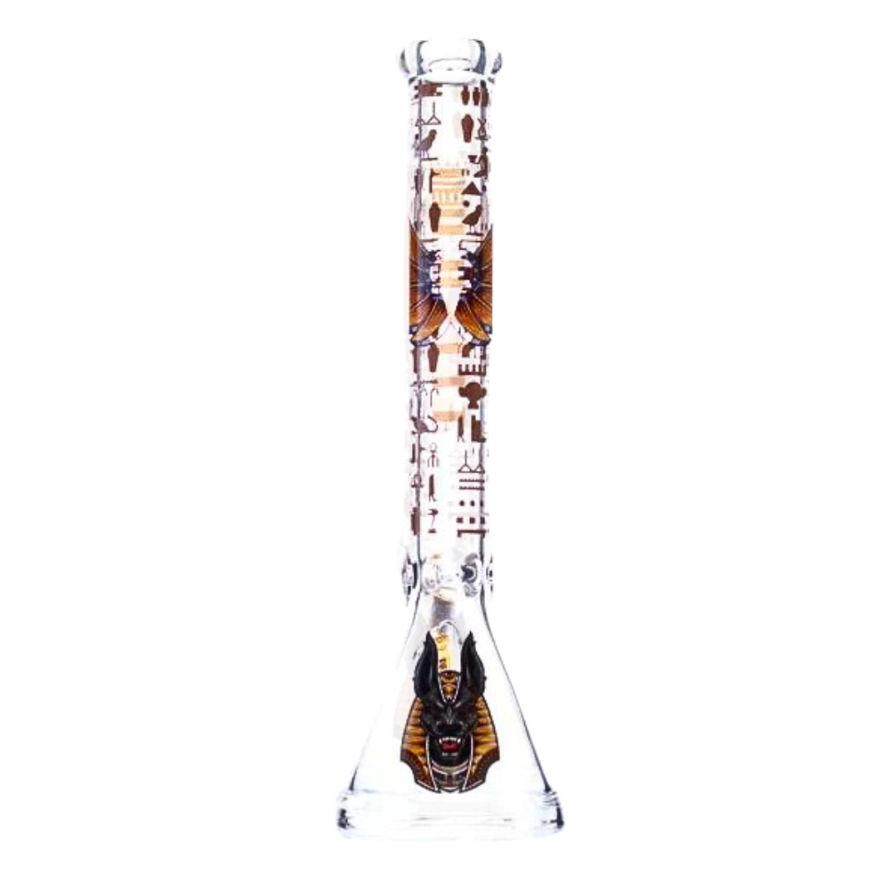 Glass bong with decorative design on a white background