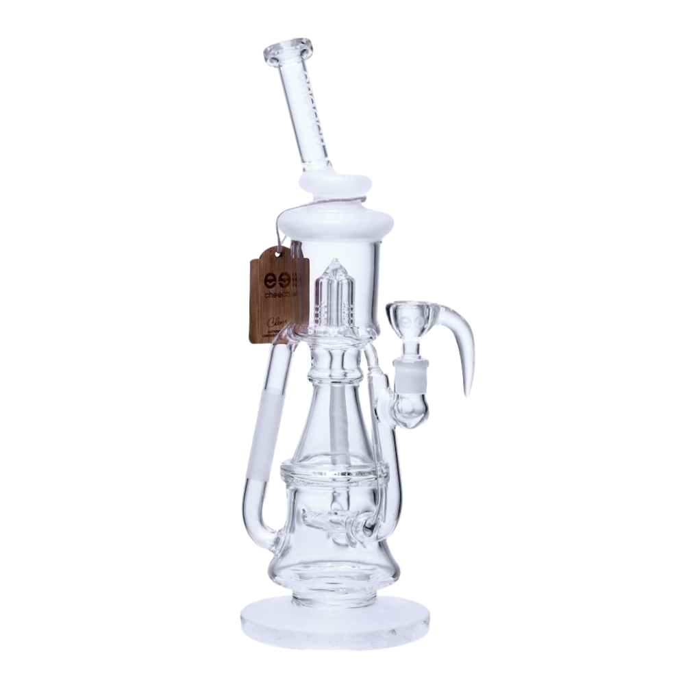 Clear glass water pipe with wooden tag on a white background