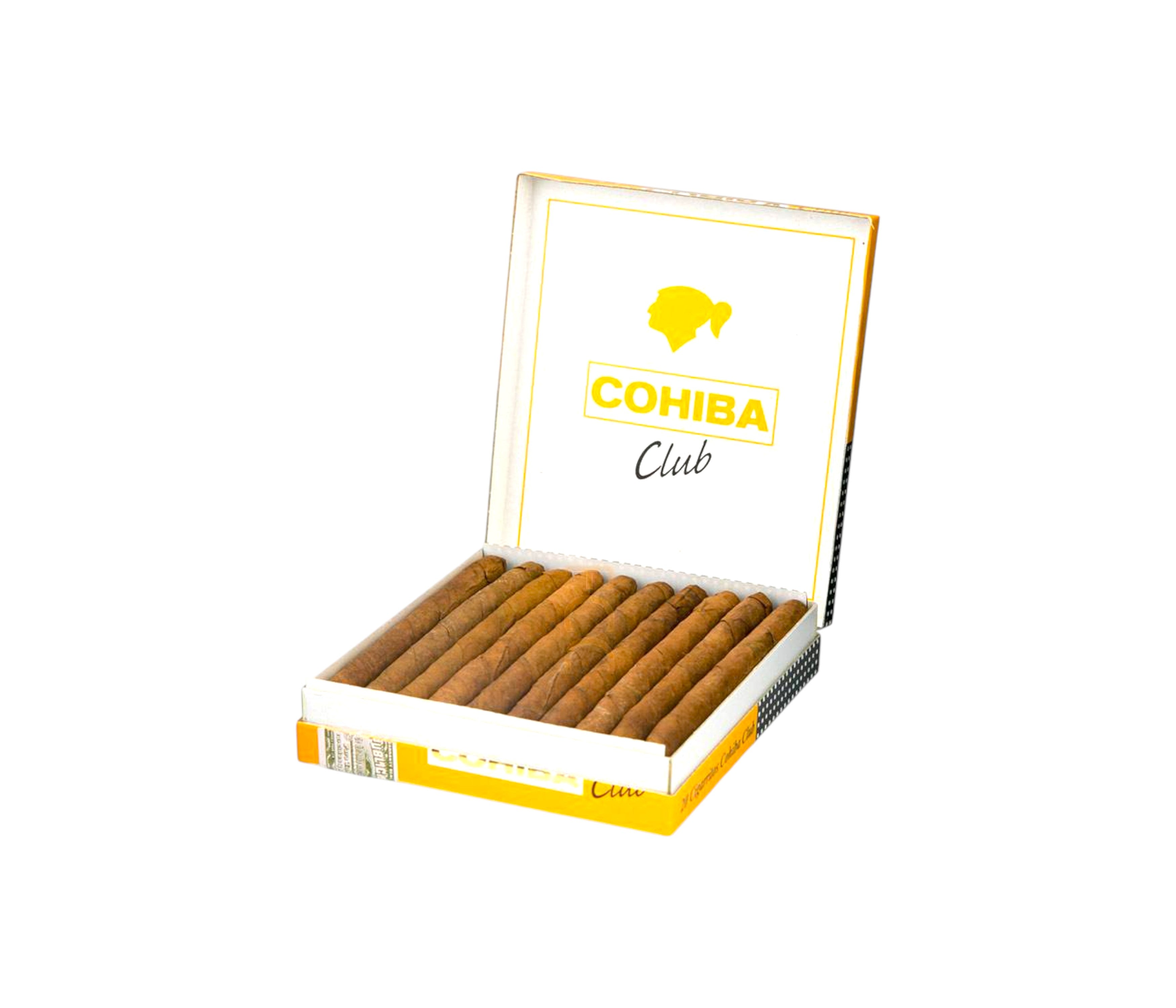 Open box of Cohiba Club cigars on a white background