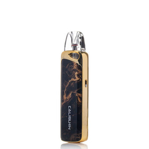 Vaping device with gold and black design on a white background
