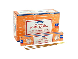 Satya Nag Champa Divine Karma incense packaging with sticks on a white background