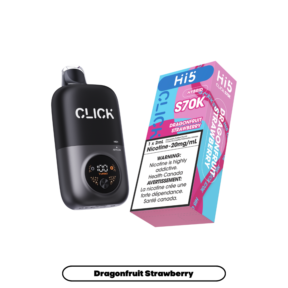Black Click device and pink and blue vape carton on a white background