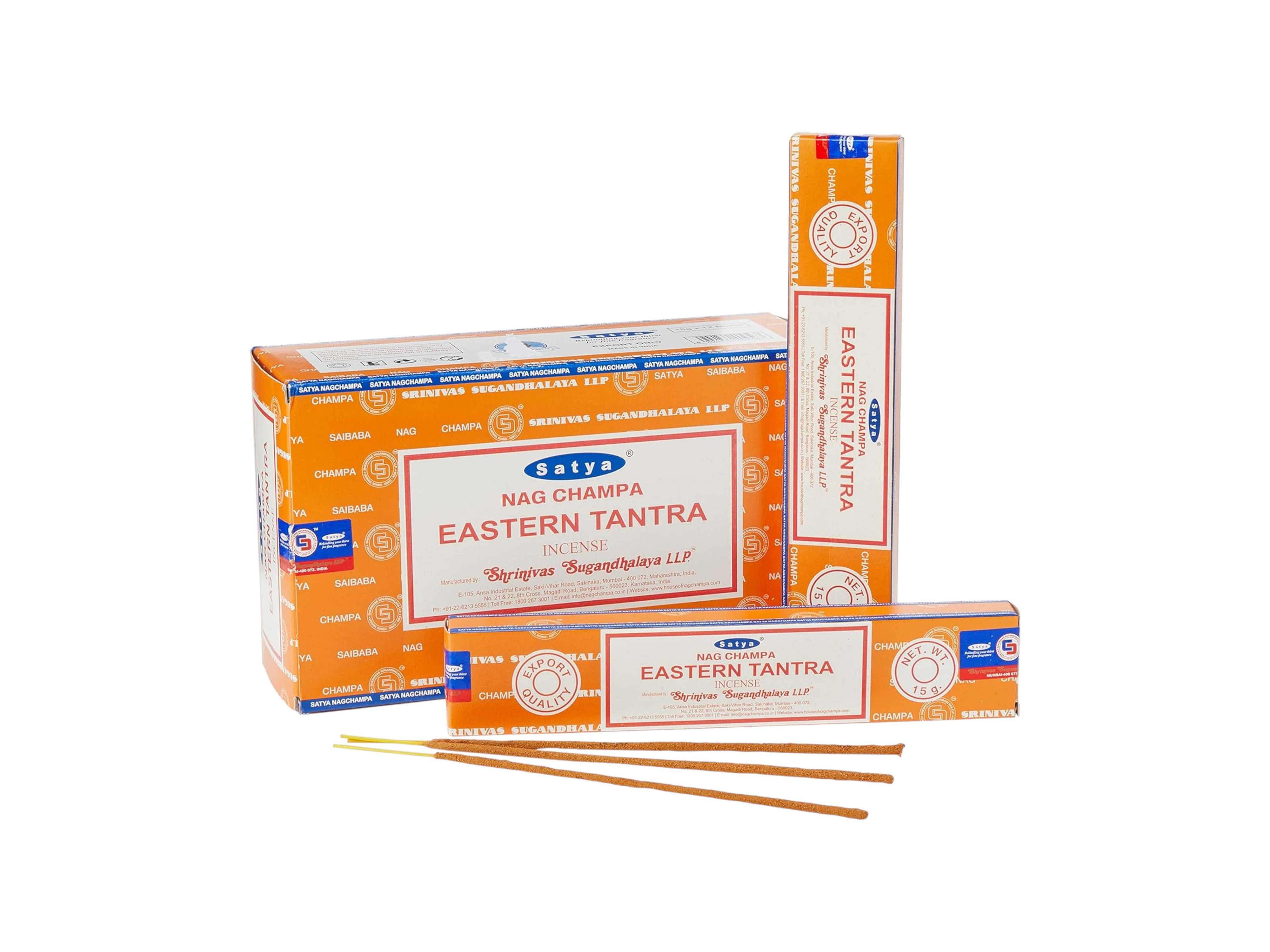 Saty Nag Champa Eastern Tantra incense sticks with packaging on a white background