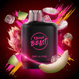 Black 'Flavour Beast' G2 Ultra vape device with fruit and ice elements on a colorful background