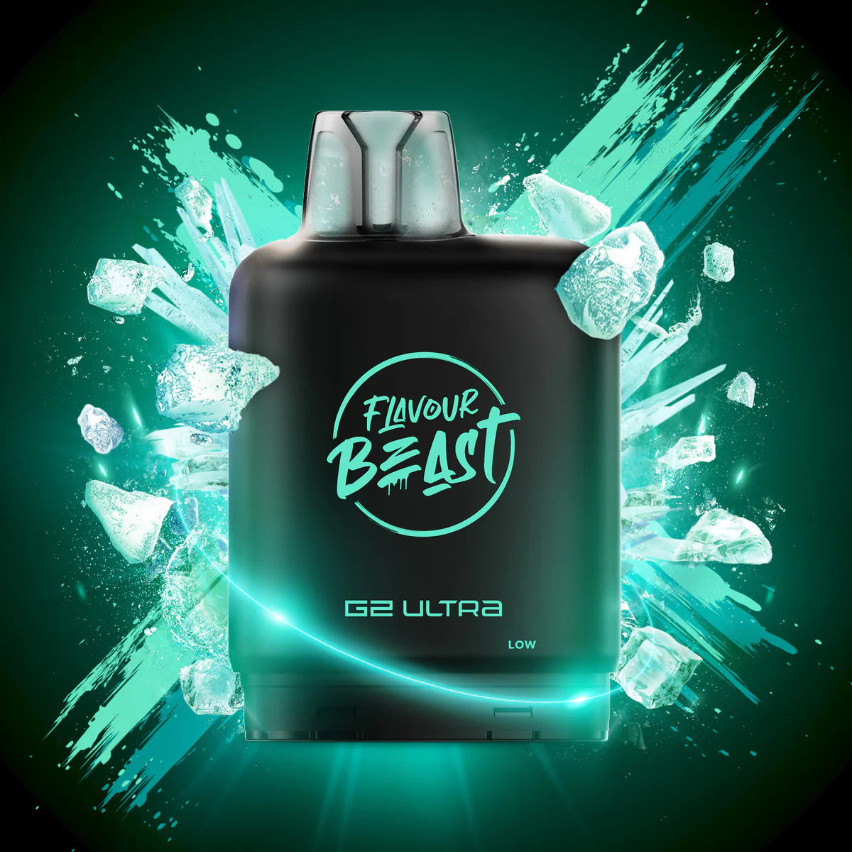 Flavour Beast G2 Ultra vape device with ice cube graphics on a dark green background