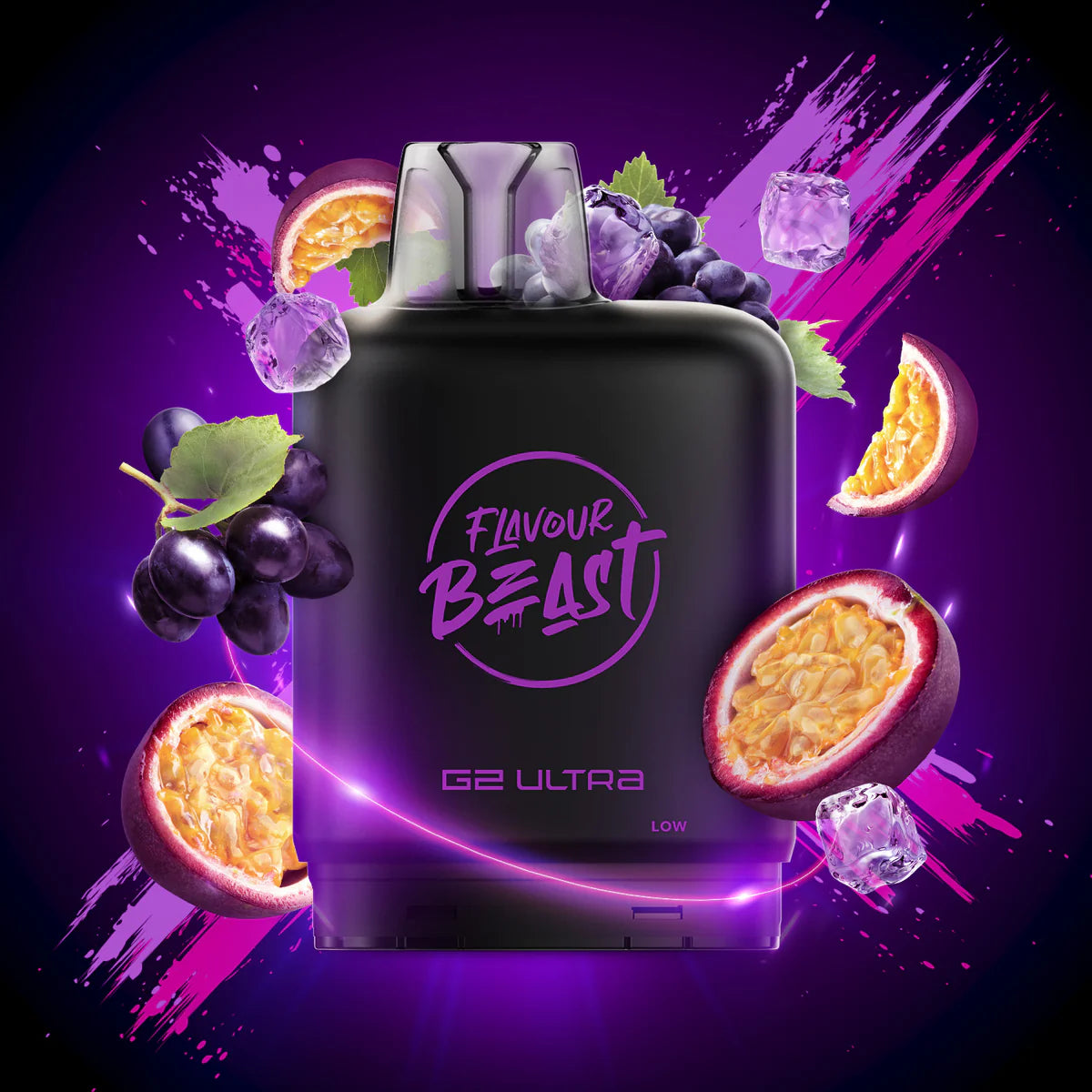 Flavour Beast G2 Ultra vape device with fruit and ice elements on a purple background