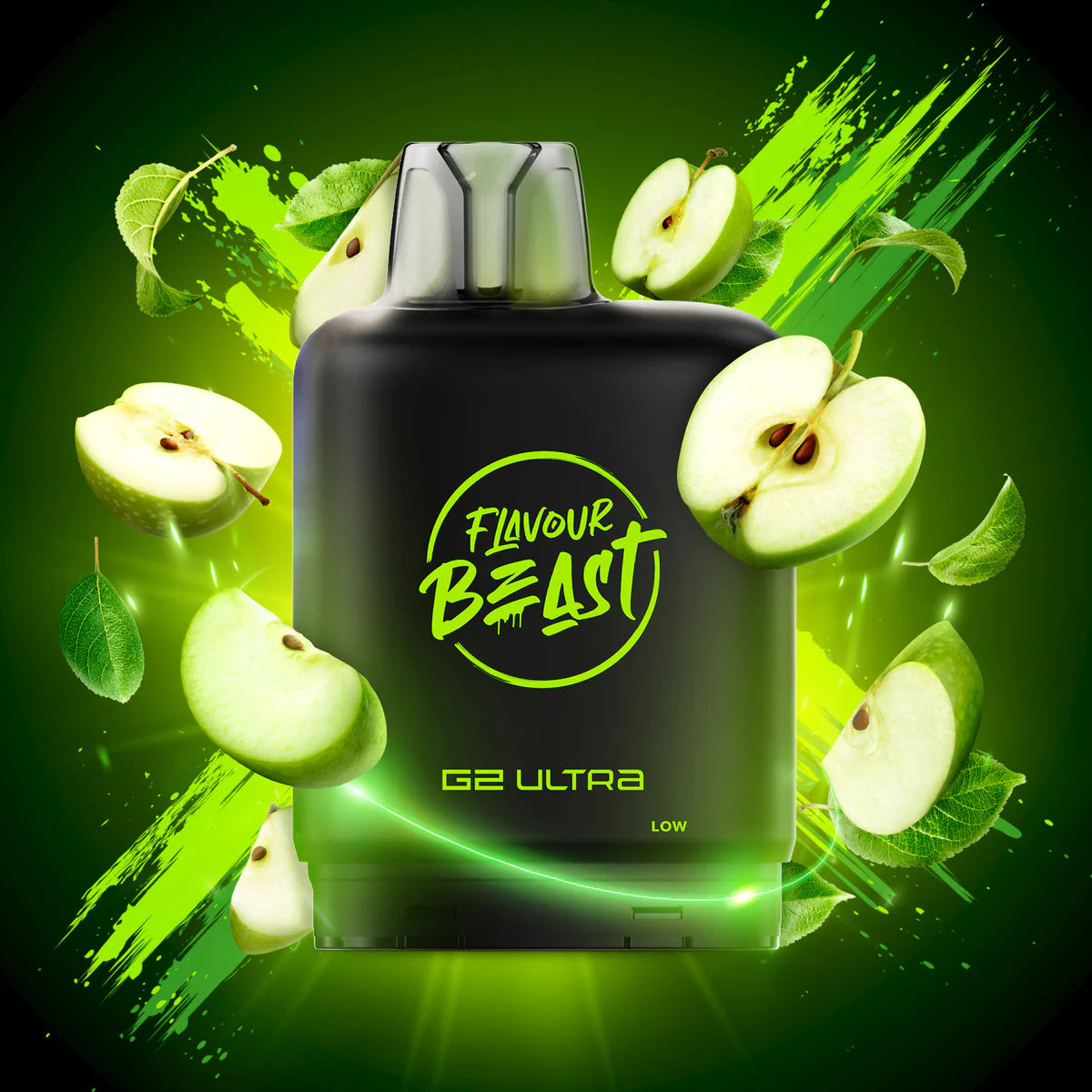 Black vape device with 'Flavour Beast' branding surrounded by green apples on a green background