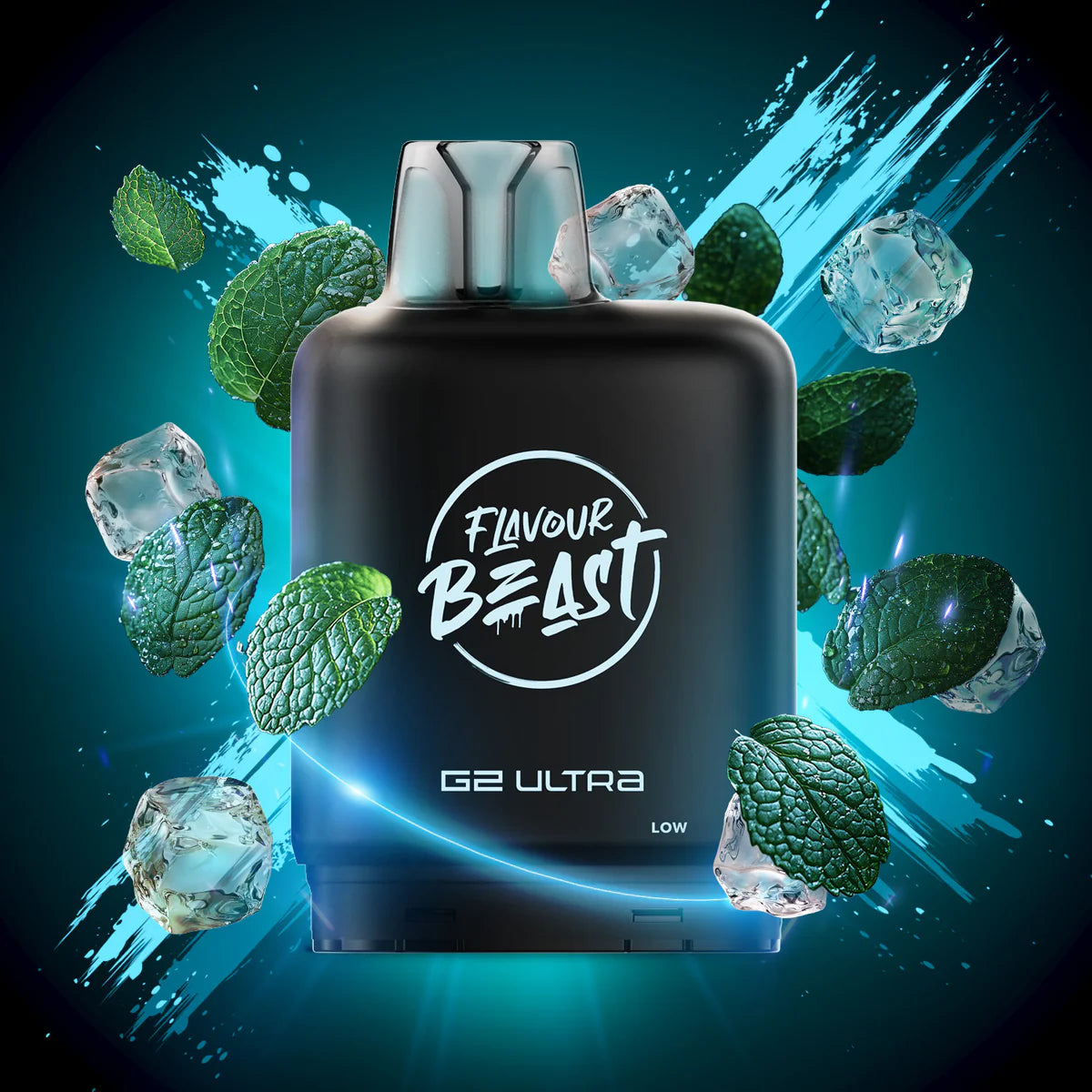 Flavour Beast G2 Ultra vape device with mint leaves and ice cubes on a dark blue background