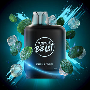 Flavour Beast G2 Ultra vape device with mint leaves and ice cubes on a dark blue background