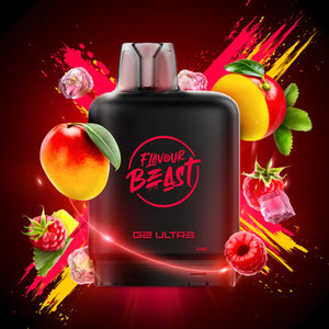 Black vape device with 'Flavour Beast' branding on a colorful fruit-themed background