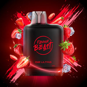 Black vape device with 'Flavour Beast' branding on a red background with strawberries and ice cubes.
