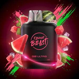 Flavour Beast G2 Ultra vape device with watermelon-themed design on a colorful background