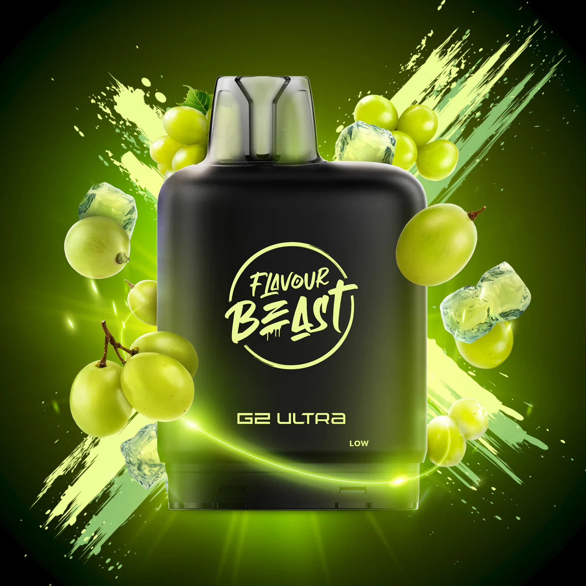 Flavour Beast G2 Ultra vape device surrounded by green grapes and ice cubes on a dark background