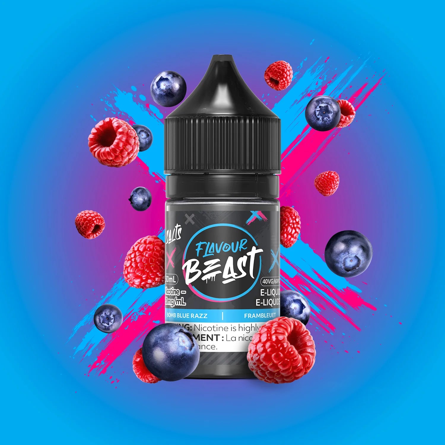 Flavour Beast e-liquid bottle with berries on a colorful background