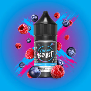 Flavour Beast e-liquid bottle with berries on a colorful background