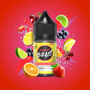 Flavour Beast e-liquid bottle with fruit elements on a red background