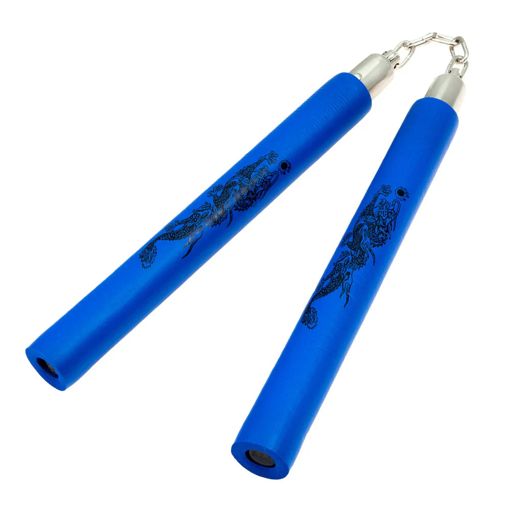 Blue nunchaku with silver tips on a white background
