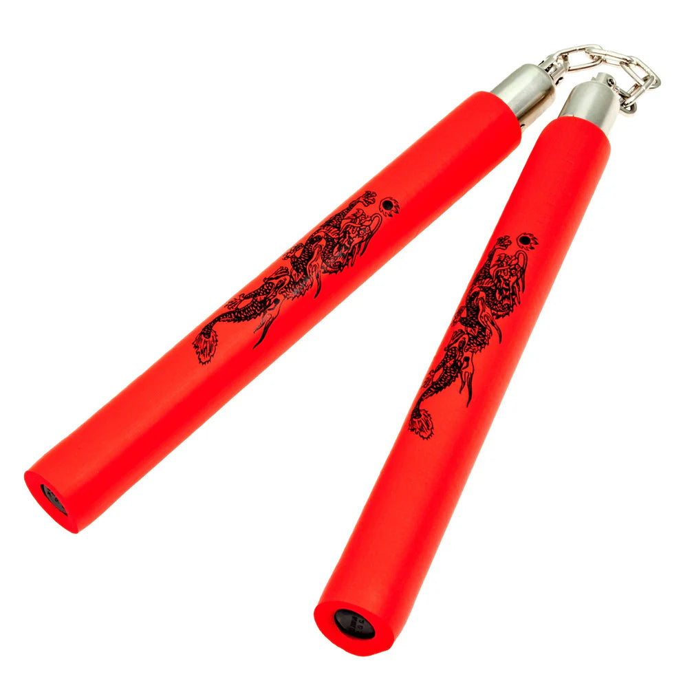 Red nunchaku with black designs on a white background