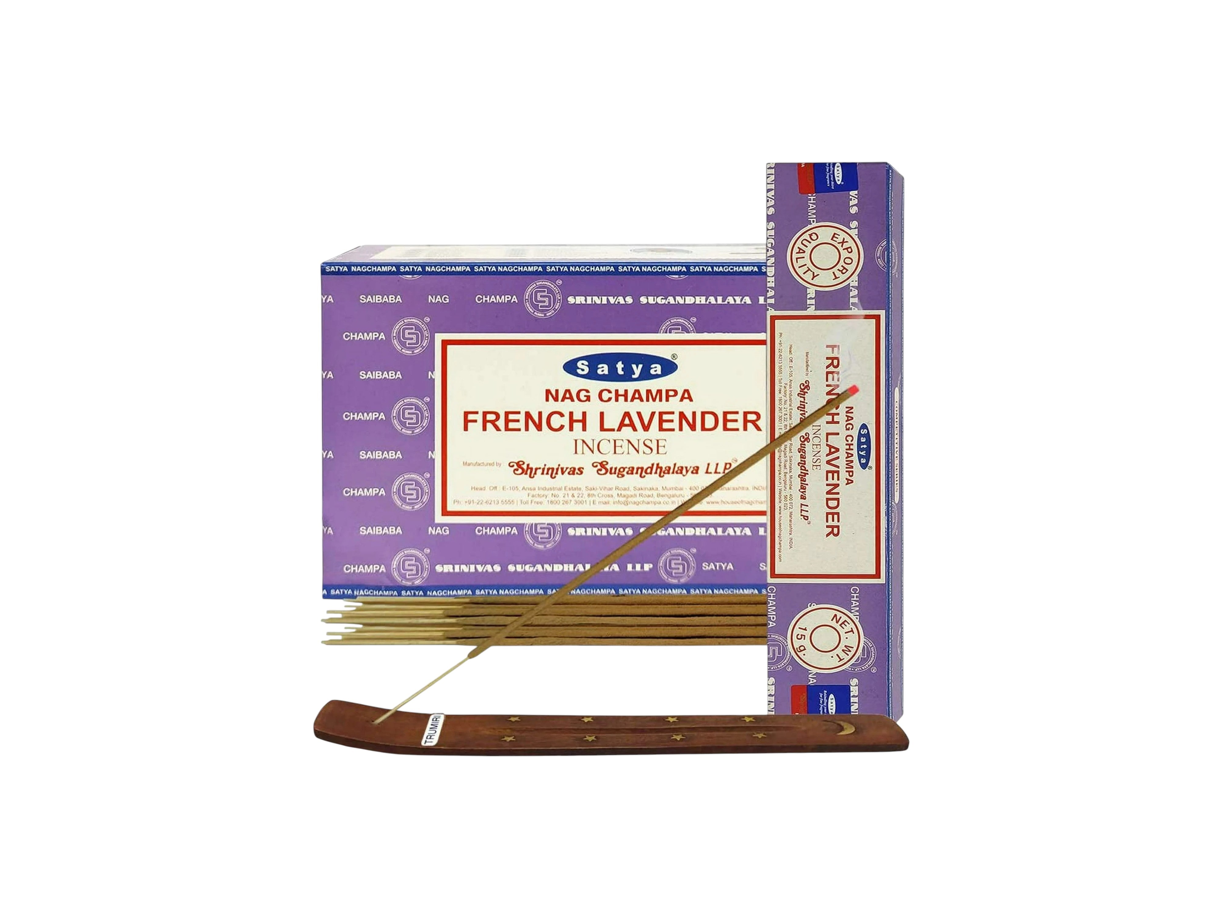 Satya French Lavender incense packaging with sticks on a white background