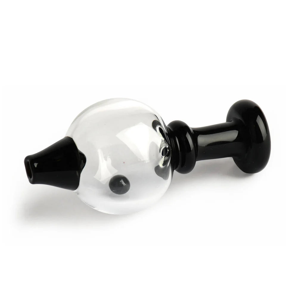 Glass smoking accessory with black accents on a white background