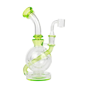 Clear glass water pipe with green accents on a white background