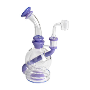 Clear glass water pipe with purple accents on a white background