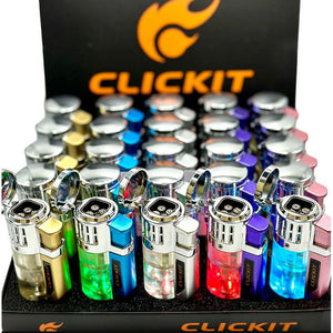 Assorted colorful lighters on a Clickit branded display stand.