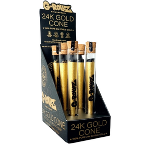 Display box of G-Rolliez 24K Gold Cones with gold cones inside on a white background