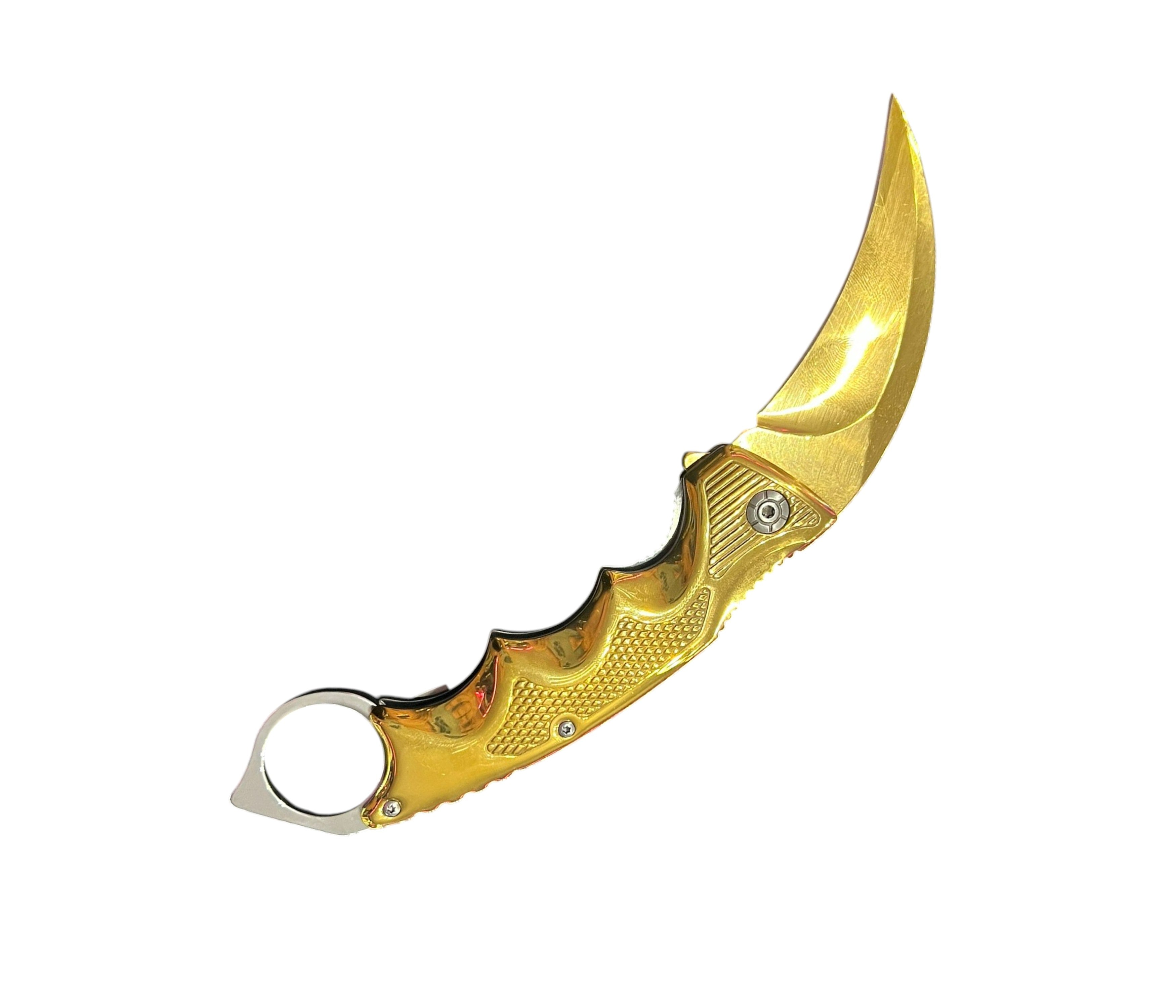 Gold knife with a unique handle design on a white background