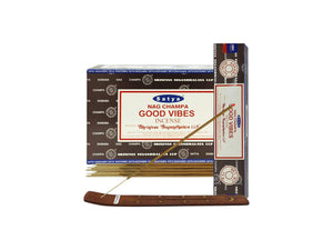 Satya Nag Champa Good Vibes incense packaging with sticks on a white background