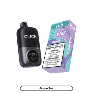 Black Click device with a purple and green vape box labeled 'Hi5' on a white background.