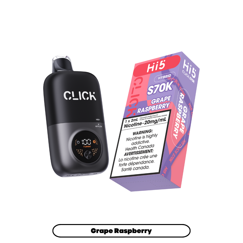 Black Click device and Hi5 S70K Grape Raspberry vape pen packaging on a white background