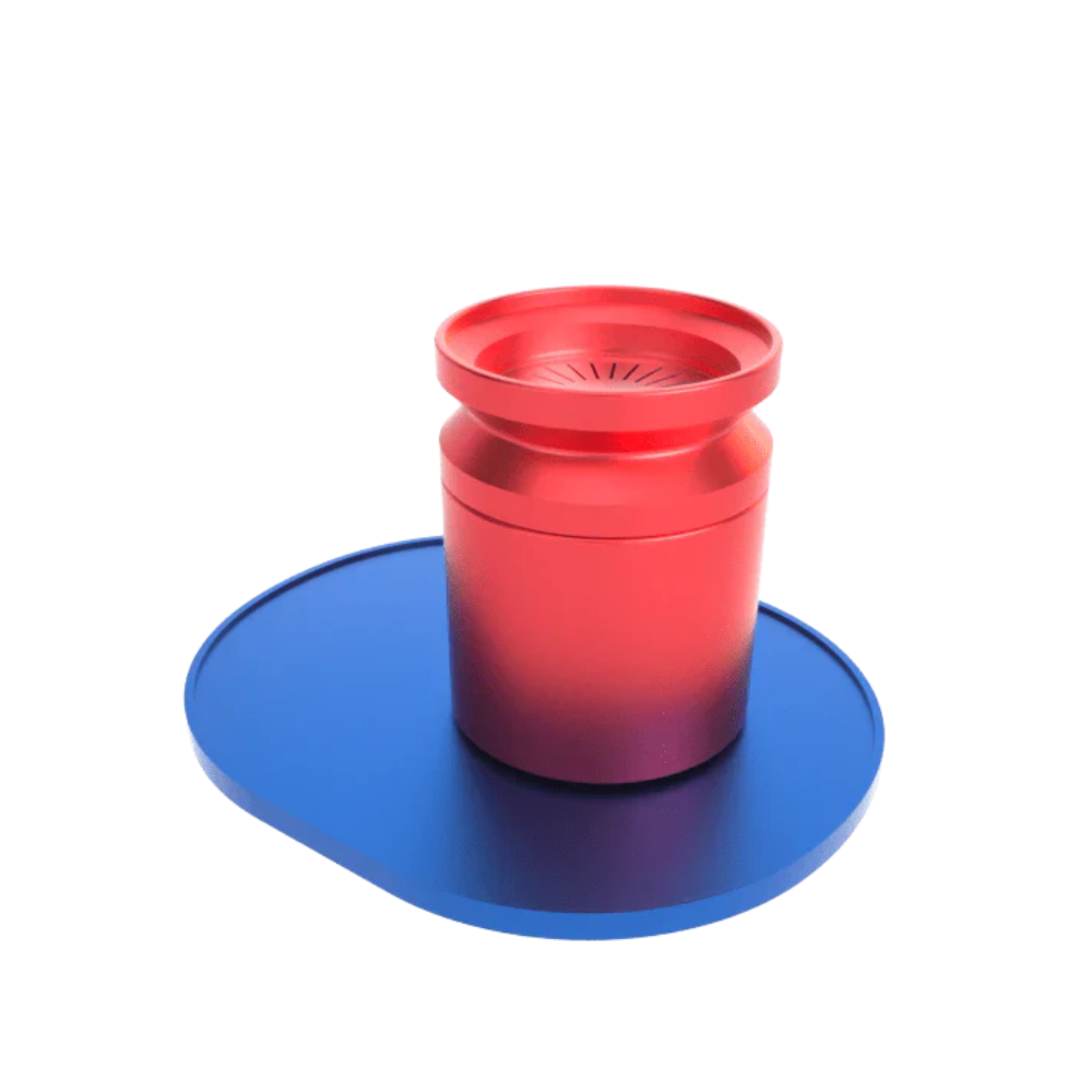 Red metal container with lid on a blue base against a white background