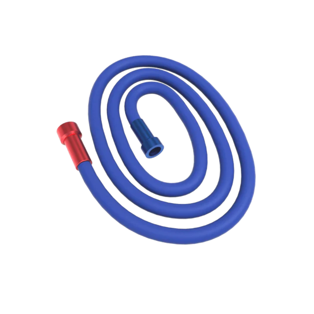 Blue hose with a red fitting on a white background