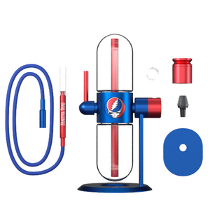 Vape device with blue and red accents on a white background