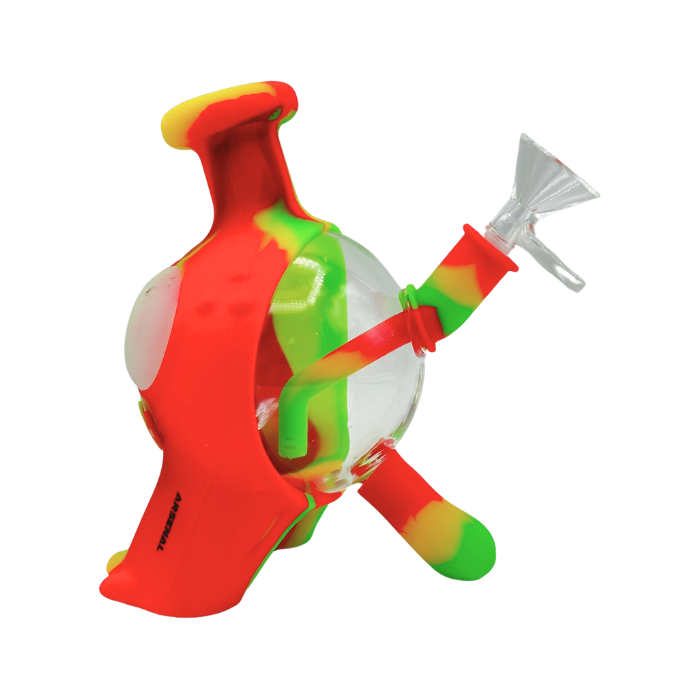 Colorful toy with a transparent ball and red and green accents on a white background