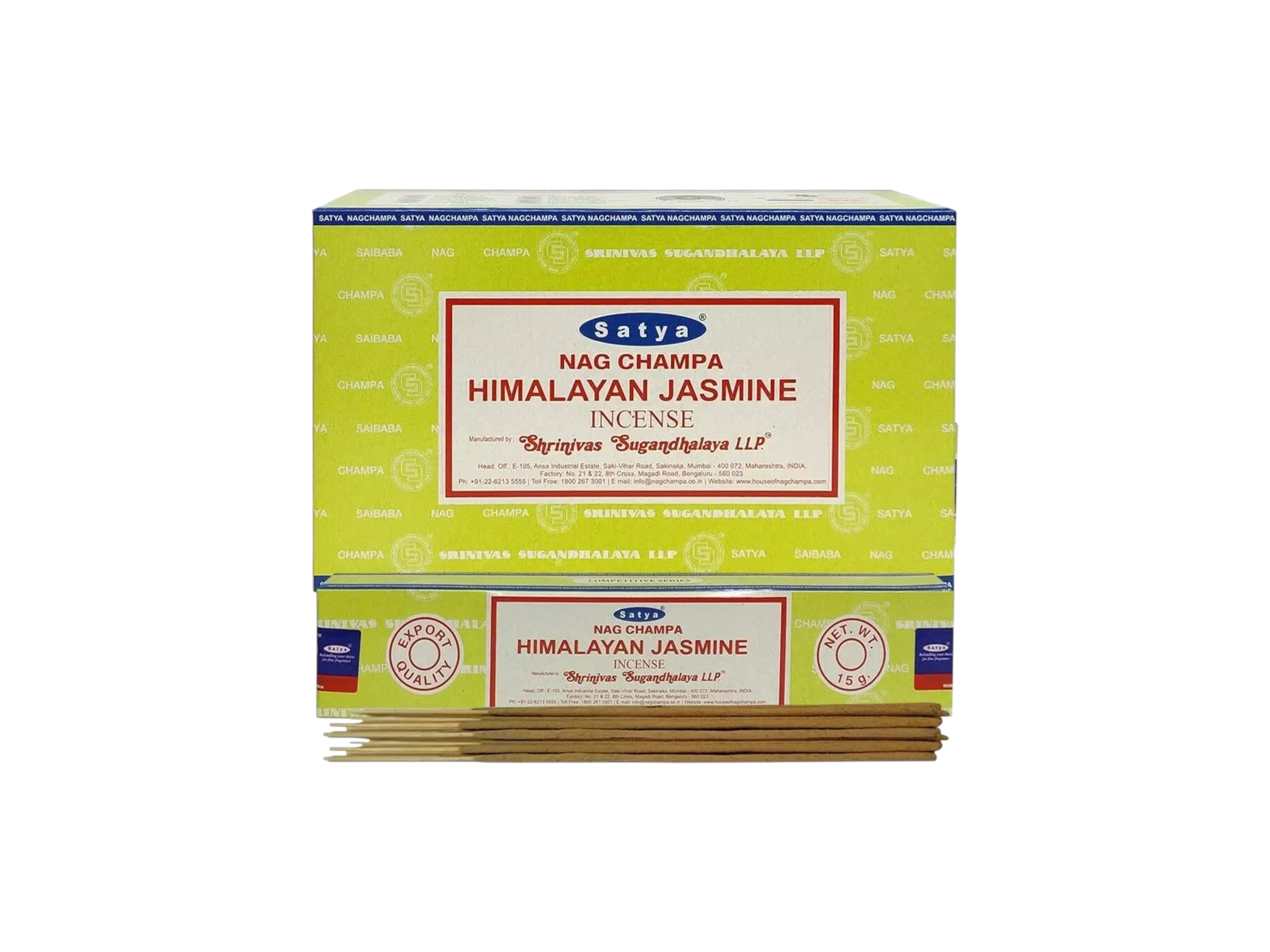 Box of Satya Nag Champa Himalayan Jasmine incense sticks on a white background