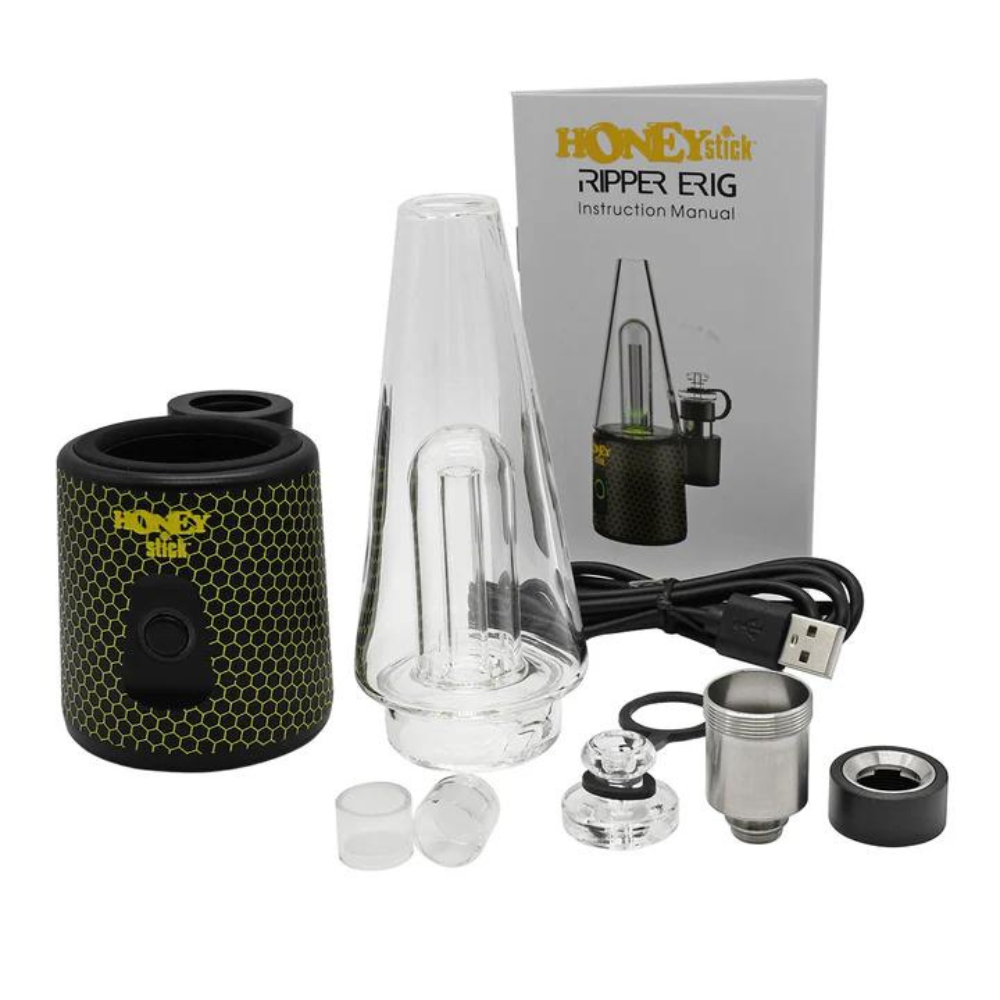 An electric dab rig and dry herb vaporizer with a full-sized glass water bubbler, ceramic heating chamber, wax atomizer, and a black body with yellow accents.