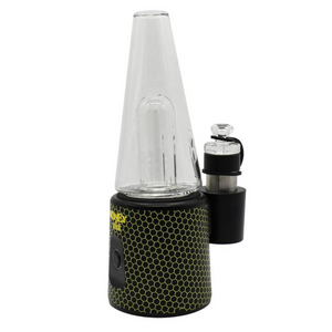 An electric dab rig and dry herb vaporizer with a full-sized glass water bubbler, ceramic heating chamber, wax atomizer, and a black body with yellow accents.