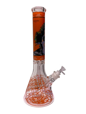 Glass smoking device with orange and black design on a white background