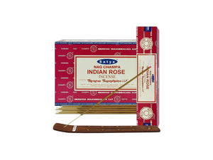 Box of Satya Nag Champa Indian Rose incense with sticks on a white background