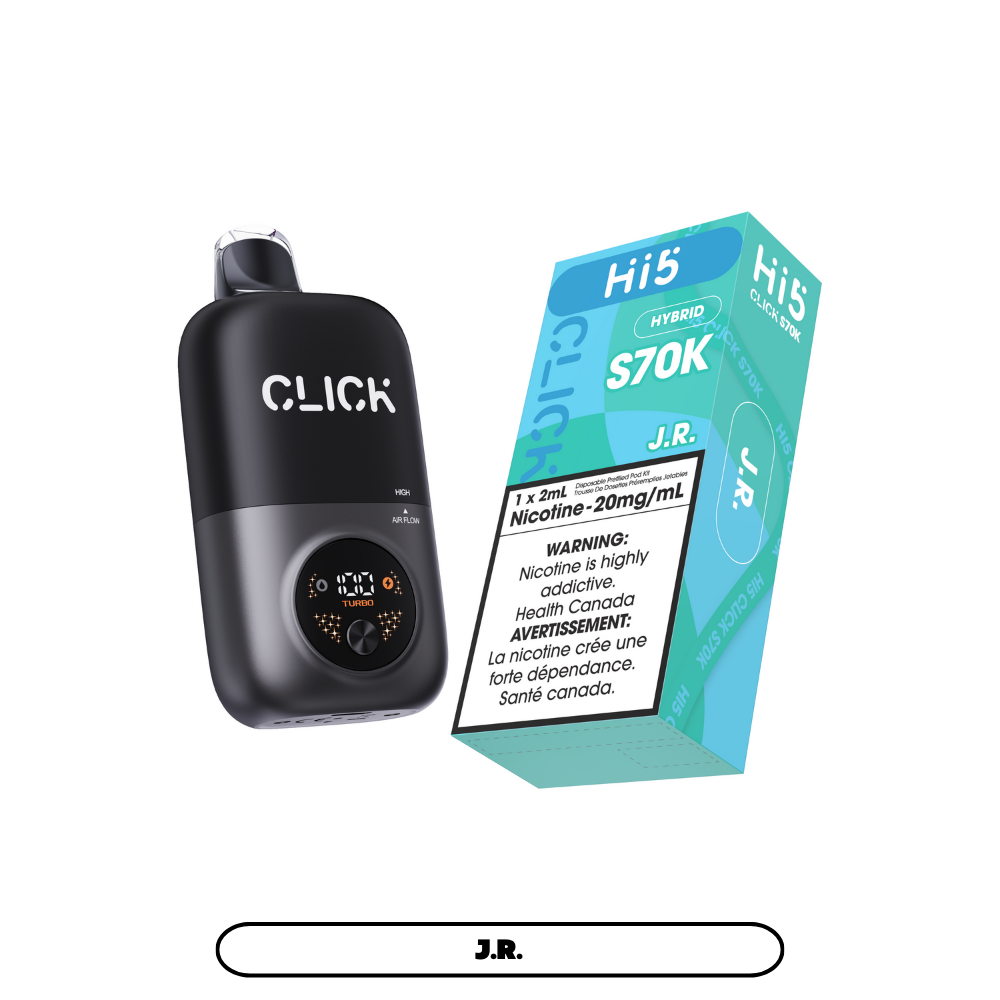 Black 'CLICK' device and a green and blue box labeled 'Hi5' on a white background.
