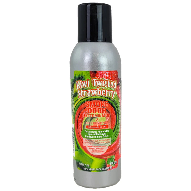 Bottle of Kiwi Twisted Strawberry Smoke Odor Exterminator on a white background