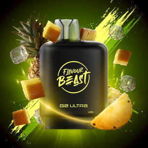 Flavour Beast G2 Ultra vape device with pineapple slices and ice cubes on a green background