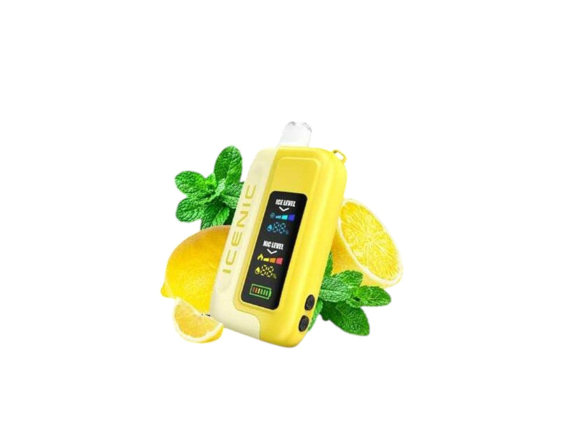 Yellow electronic device with lemon and mint leaves on a white background